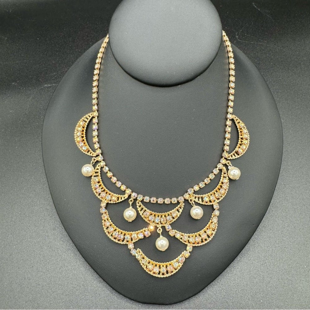 SetsStunning Crystal Rhinestone and Pearl Glitzy Bib Necklace and Earring Set