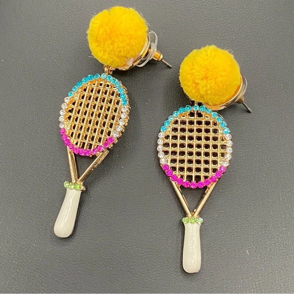 EarringsTennis Racket Rhinestone & Pompom Statement Earrings — Cute Earrings