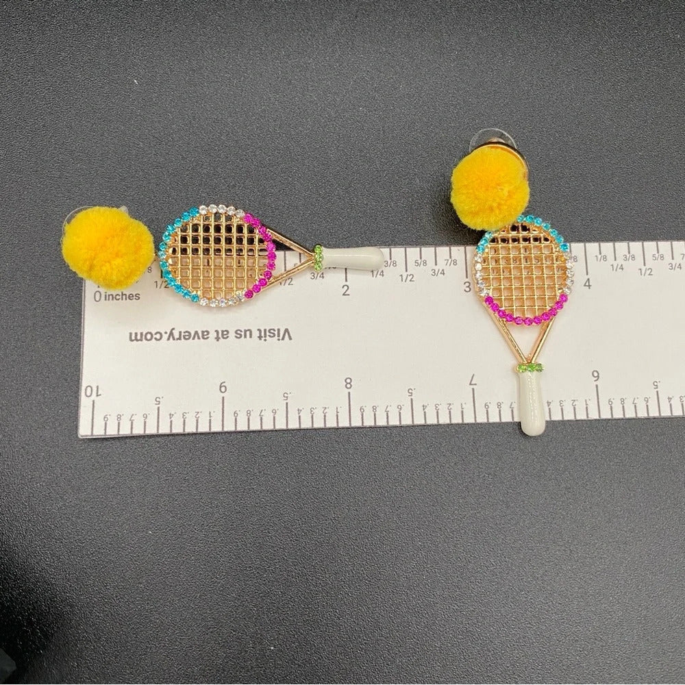 EarringsTennis Racket Rhinestone & Pompom Statement Earrings — Cute Earrings