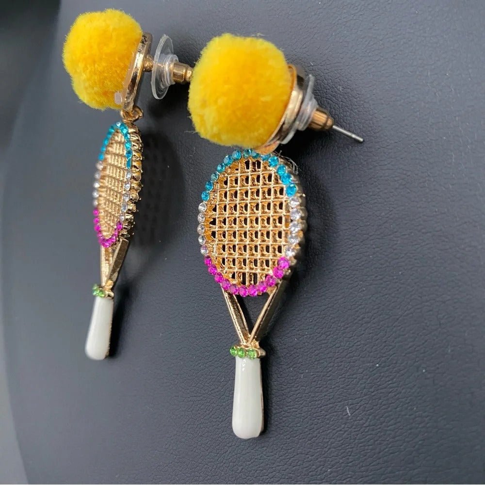 EarringsTennis Racket Rhinestone & Pompom Statement Earrings — Cute Earrings