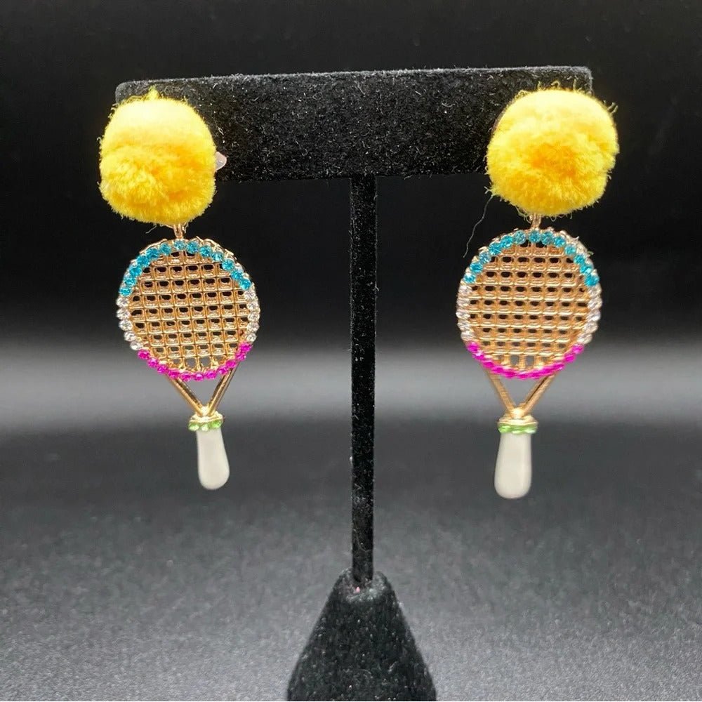 EarringsTennis Racket Rhinestone & Pompom Statement Earrings — Cute Earrings