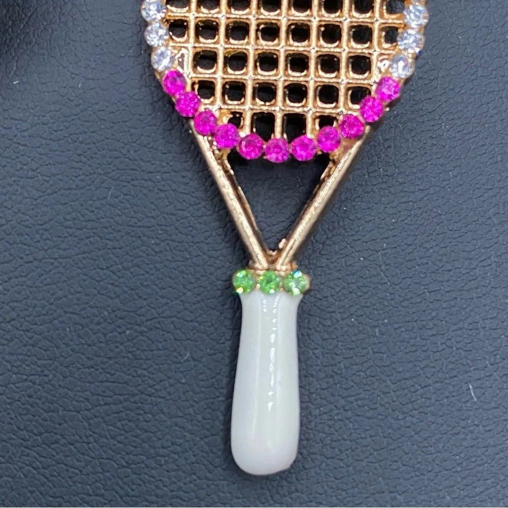 EarringsTennis Racket Rhinestone & Pompom Statement Earrings — Cute Earrings
