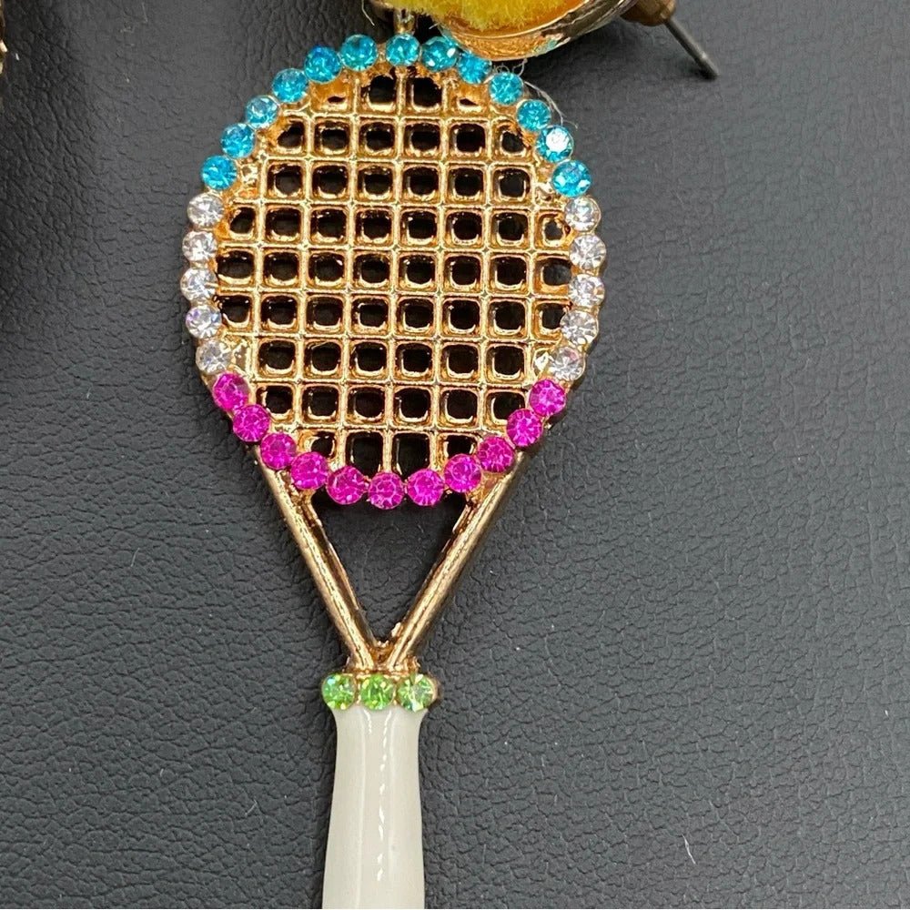 EarringsTennis Racket Rhinestone & Pompom Statement Earrings — Cute Earrings