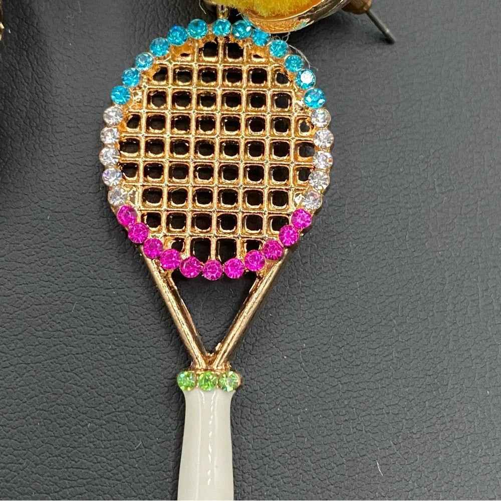 EarringsTennis Racket Rhinestone & Pompom Statement Earrings — Cute Earrings