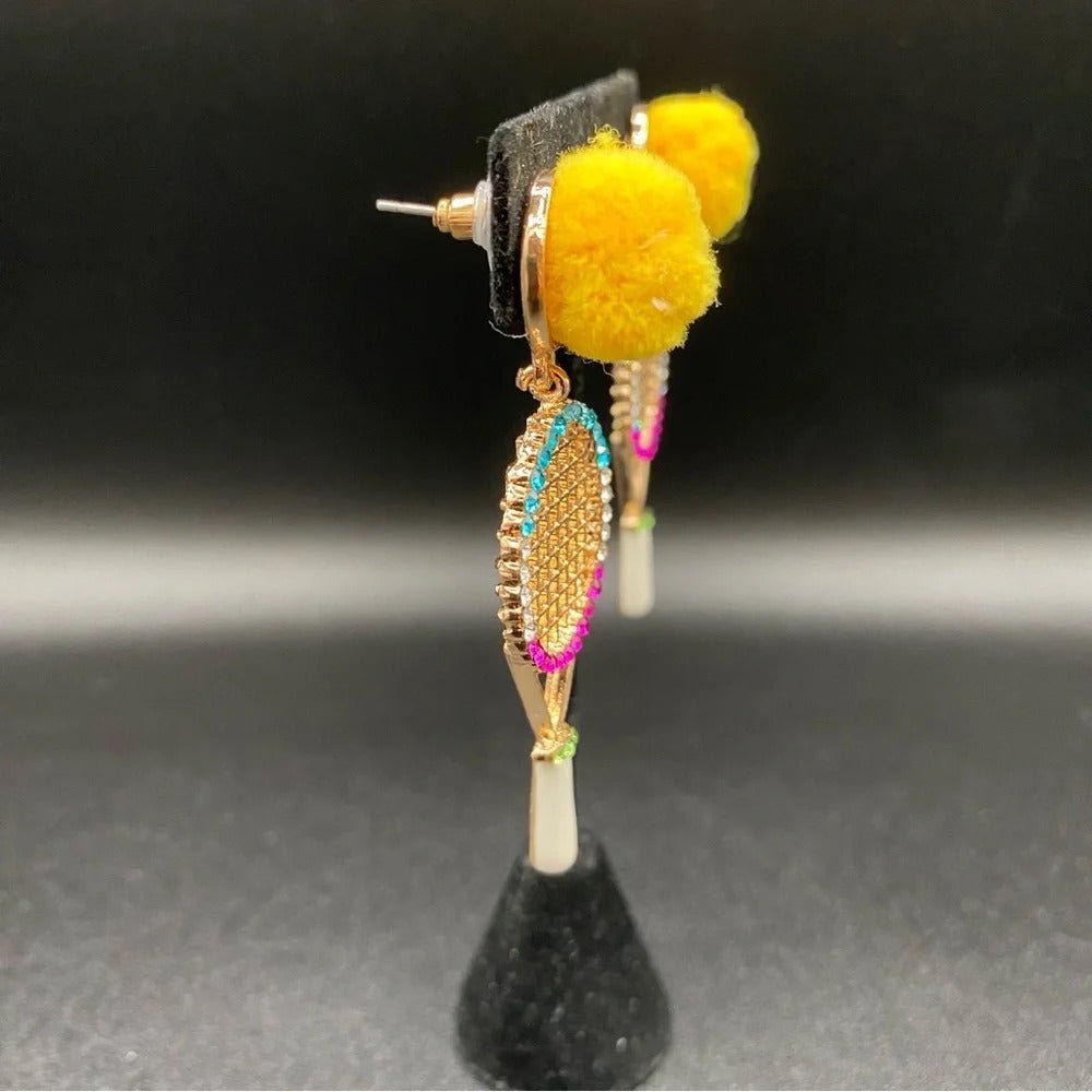 EarringsTennis Racket Rhinestone & Pompom Statement Earrings — Cute Earrings