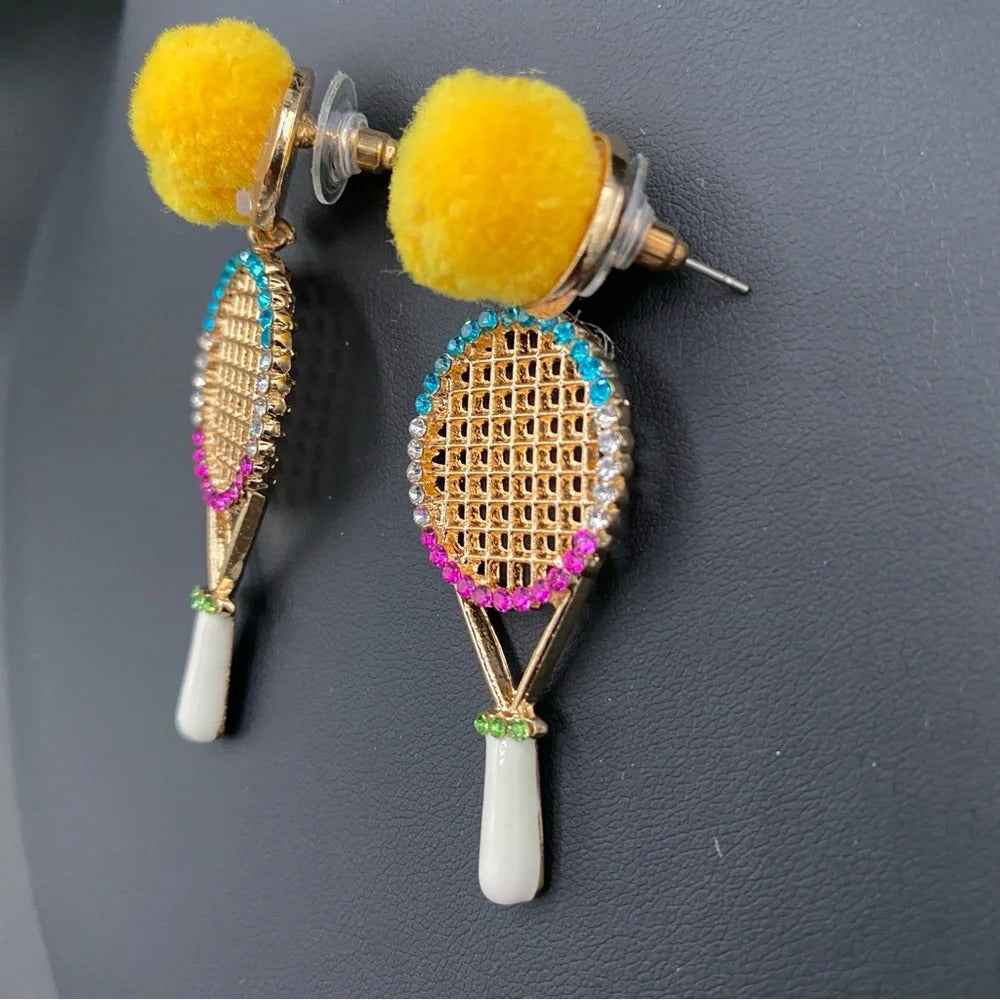 EarringsTennis Racket Rhinestone & Pompom Statement Earrings — Cute Earrings