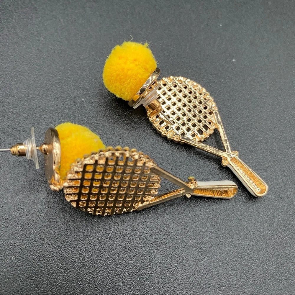 EarringsTennis Racket Rhinestone & Pompom Statement Earrings — Cute Earrings