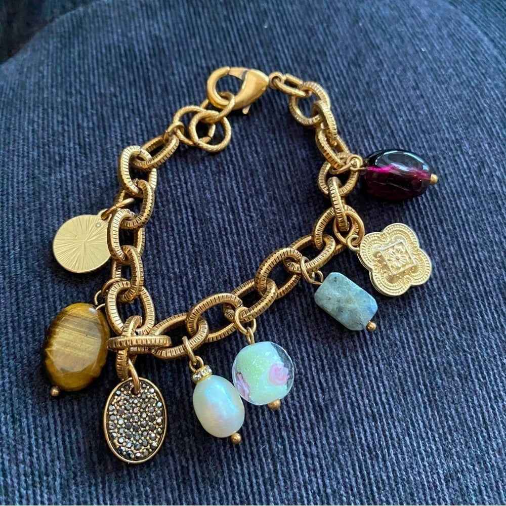 BraceletTiger's Eye & Murano Glass Charm Bracelet, Bronzed
