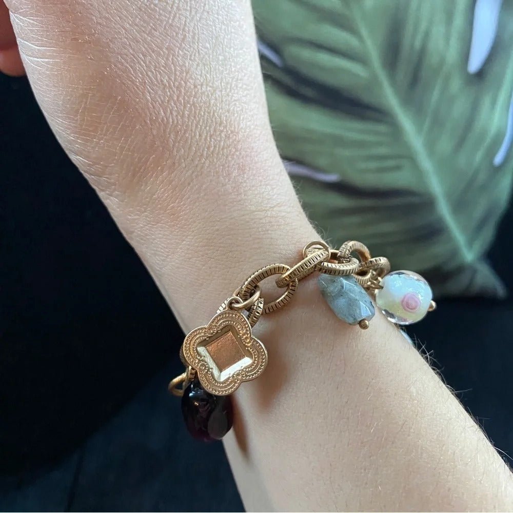 BraceletTiger's Eye & Murano Glass Charm Bracelet, Bronzed