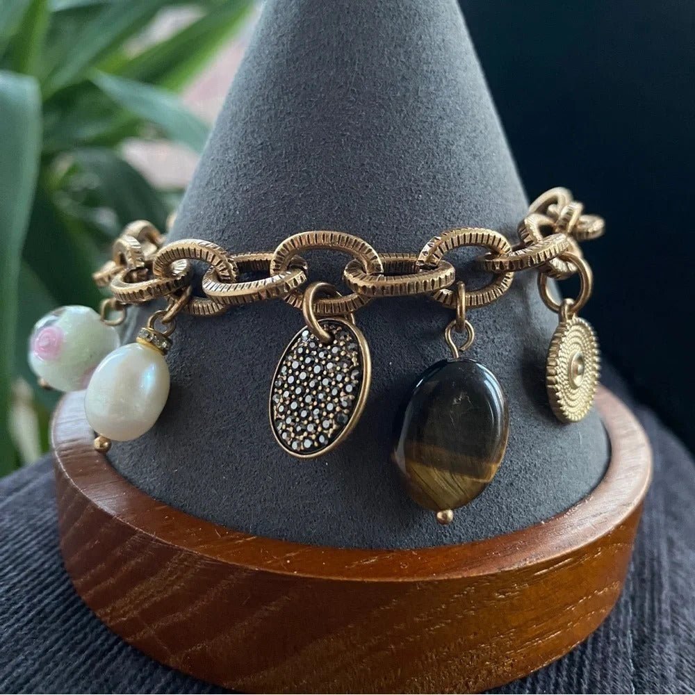 BraceletTiger's Eye & Murano Glass Charm Bracelet, Bronzed