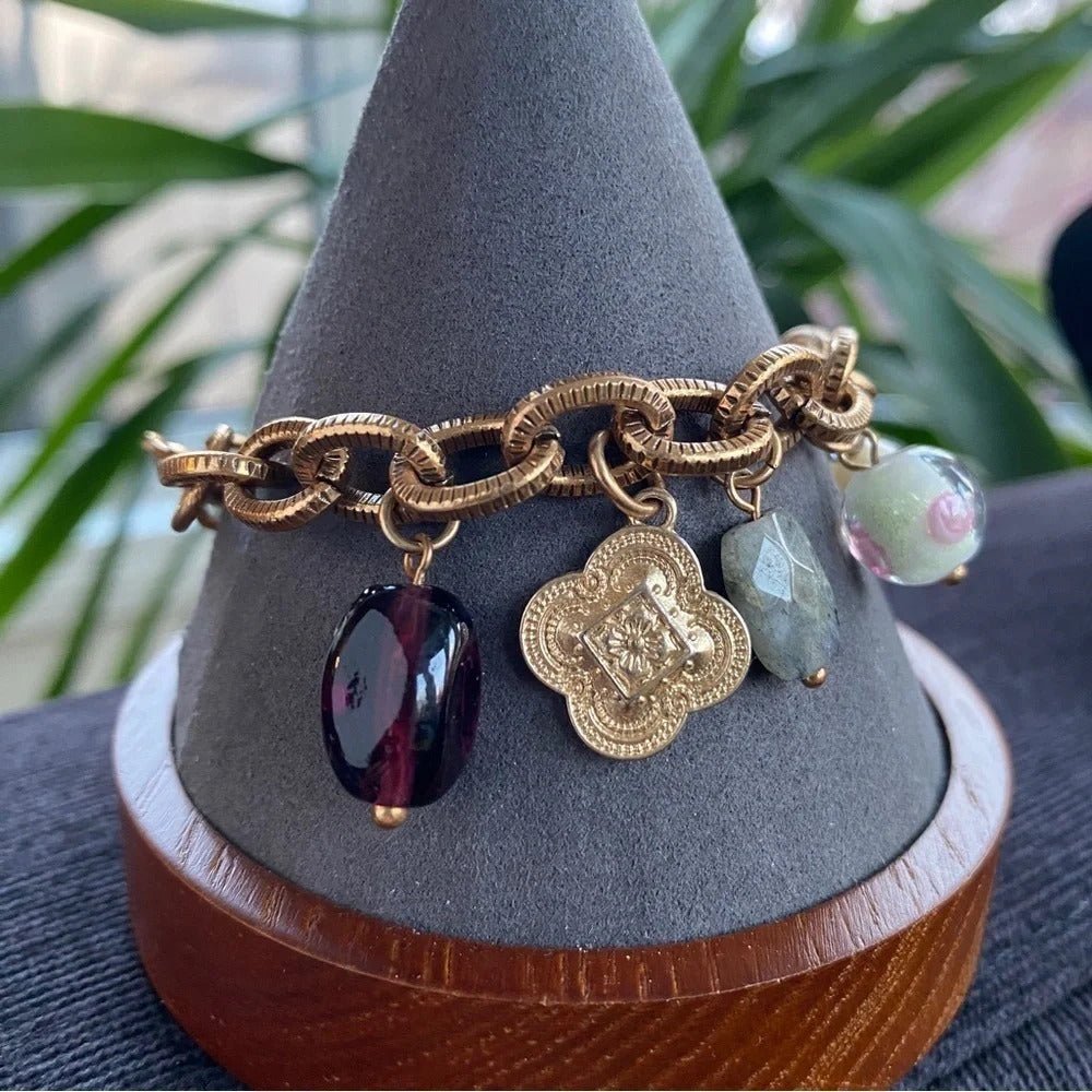 BraceletTiger's Eye & Murano Glass Charm Bracelet, Bronzed
