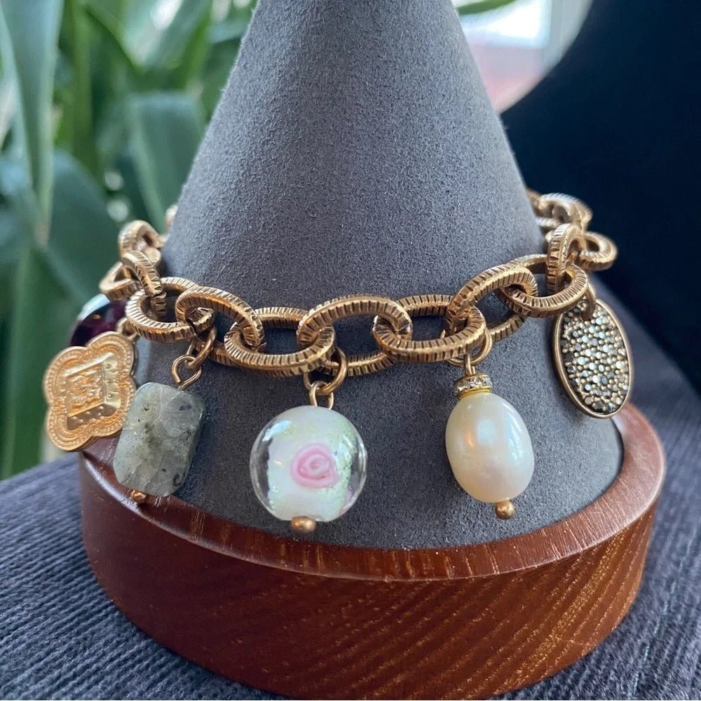 BraceletTiger's Eye & Murano Glass Charm Bracelet, Bronzed
