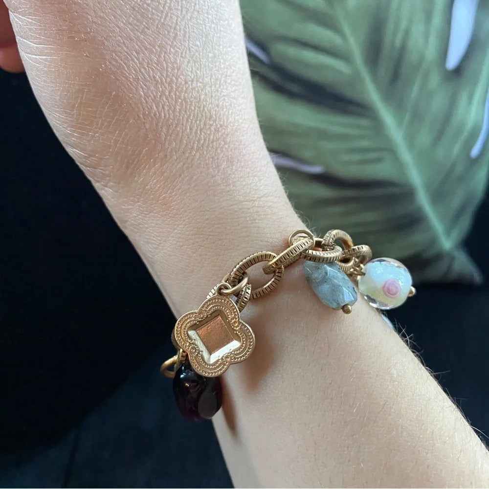BraceletTiger's Eye & Murano Glass Charm Bracelet, Bronzed