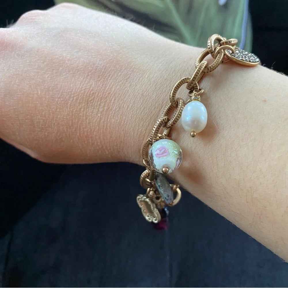 BraceletTiger's Eye & Murano Glass Charm Bracelet, Bronzed