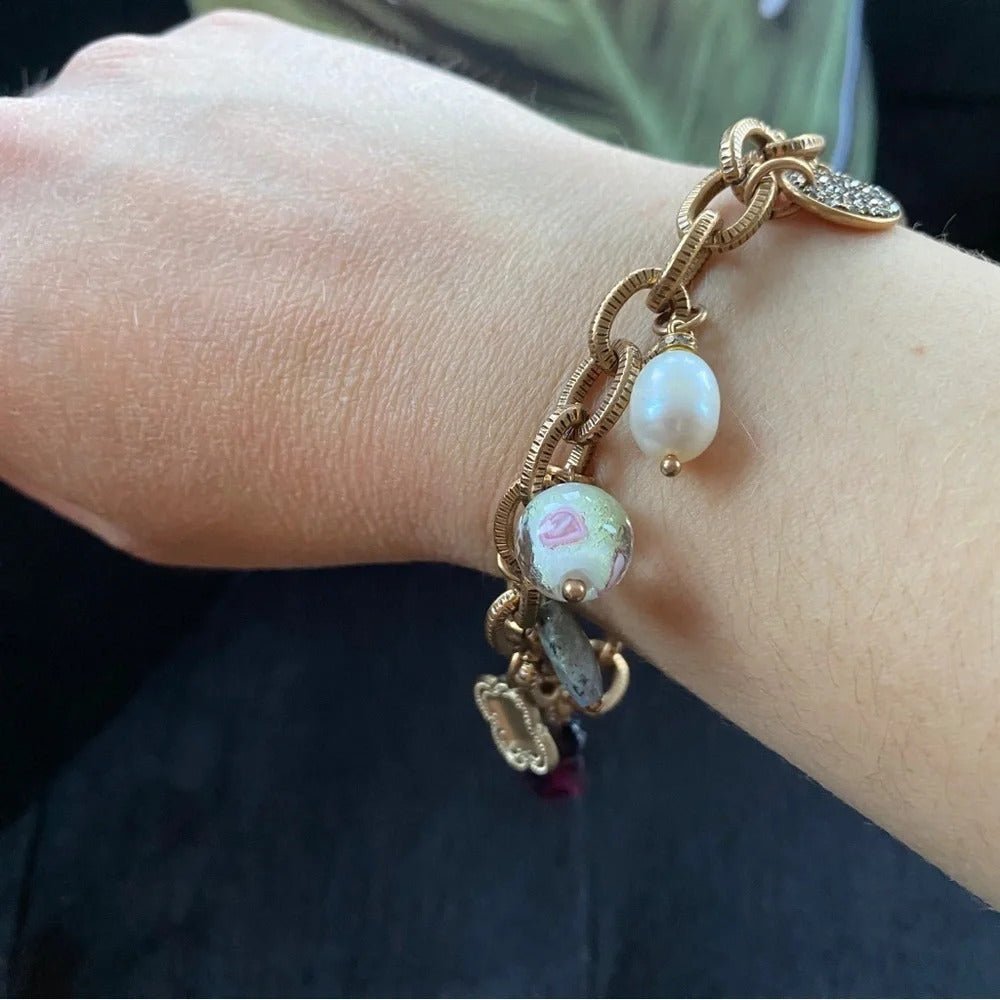 BraceletTiger's Eye & Murano Glass Charm Bracelet, Bronzed