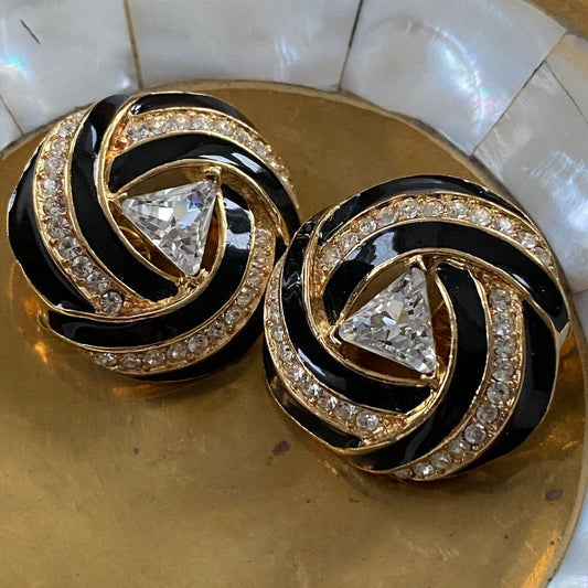 EarringsTrifari Signed Vintage 80s Glam Gold-Tone & Black Clip-On Earrings