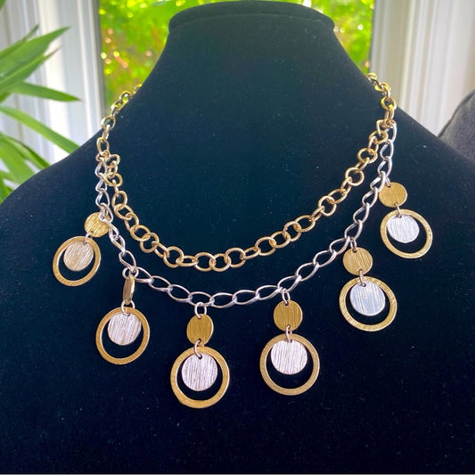 NecklaceTwo Tone Necklace - Geometric Circular Bib Necklace in Modernist Style