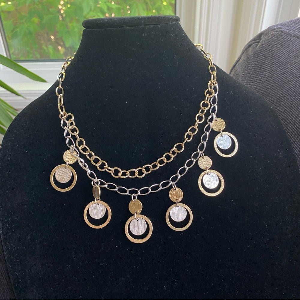 NecklaceTwo Tone Necklace - Geometric Circular Bib Necklace in Modernist Style