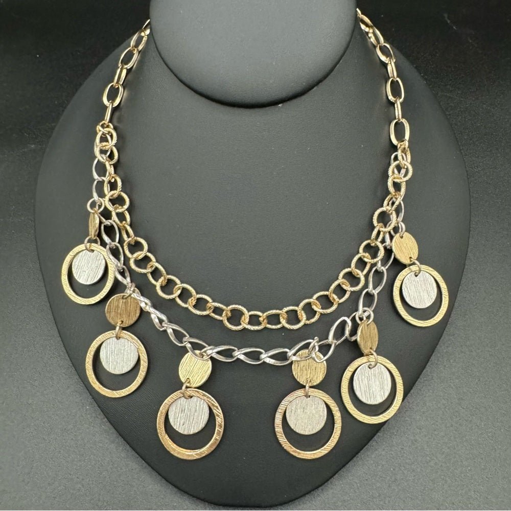 NecklaceTwo Tone Necklace - Geometric Circular Bib Necklace in Modernist Style