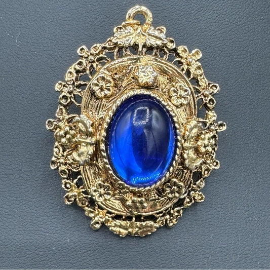 BroochesVictorian Revival Ornate Brooch with Royal Blue Cabochon Centre