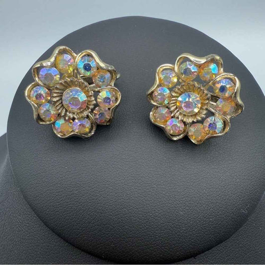EarringsVintage 1950s Coro Signed AB Floral Rhinestone Clip-On Earrings