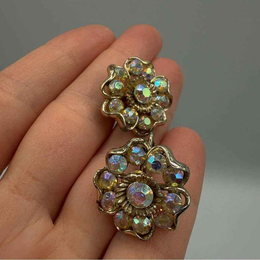 EarringsVintage 1950s Coro Signed AB Floral Rhinestone Clip-On Earrings