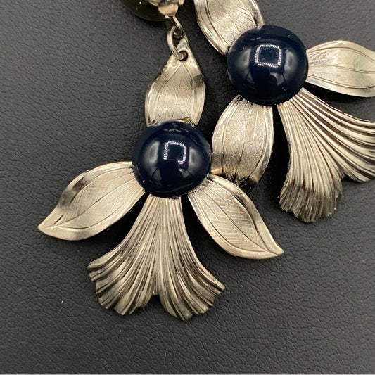 EarringsVintage 1950s Fleur-de-Lis Drop Earrings with Navy Cabochon