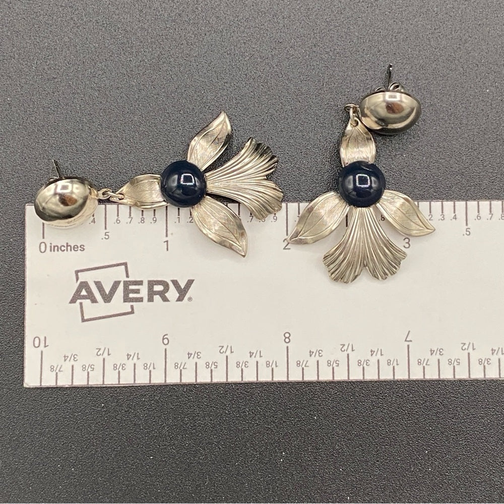 EarringsVintage 1950s Fleur-de-Lis Drop Earrings with Navy Cabochon