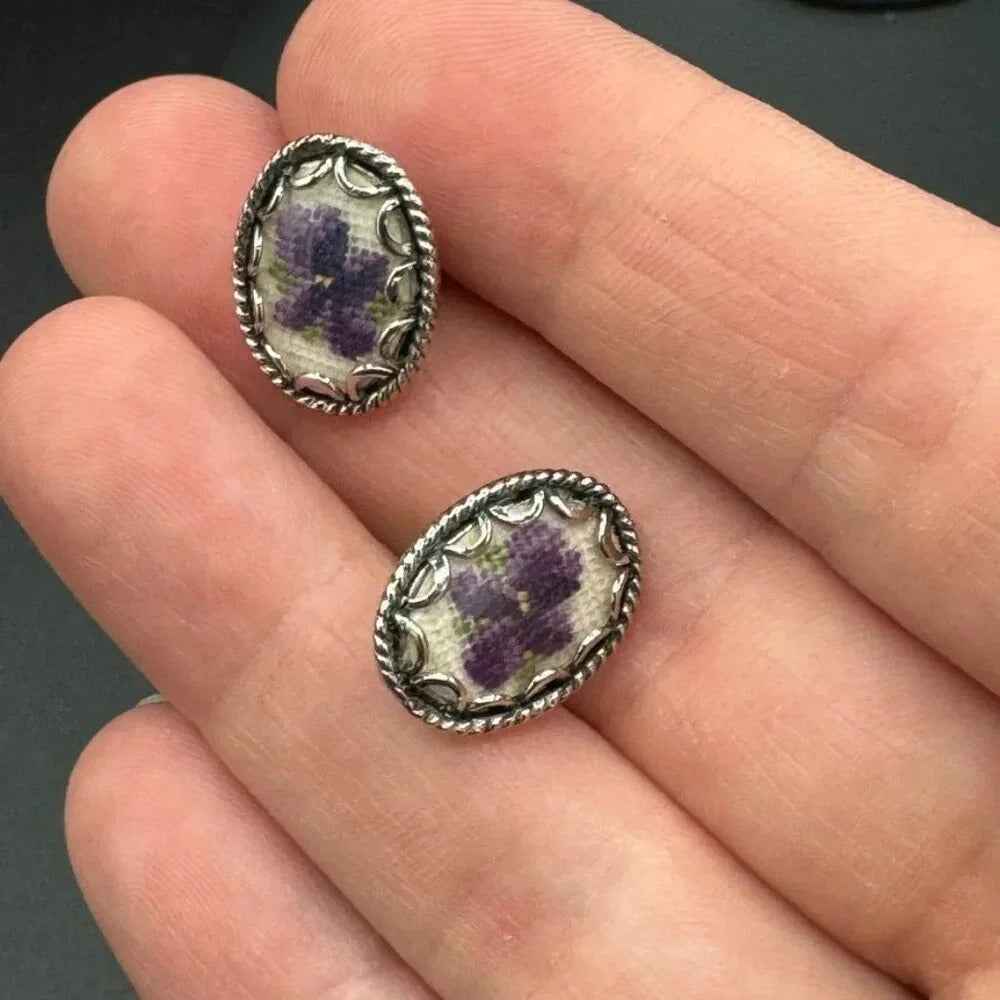 EarringsVintage 1950s Hand Embroidered Purple Pansy Needlepoint Stud Earrings