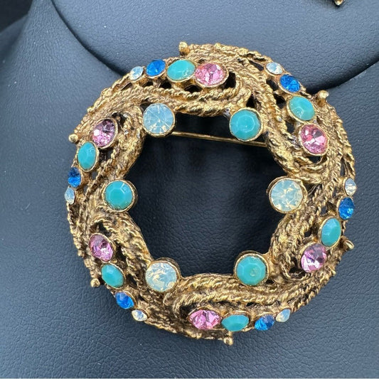 SetsVintage 1950s Witches Heart Earrings and Brooch Set with Multicolored Rhinestone