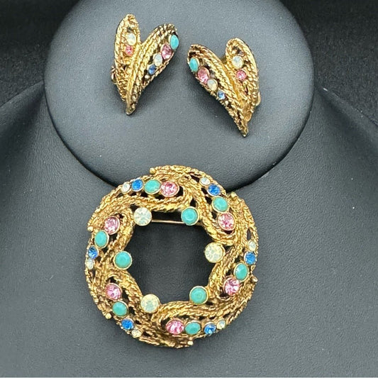SetsVintage 1950s Witches Heart Earrings and Brooch Set with Multicolored Rhinestone