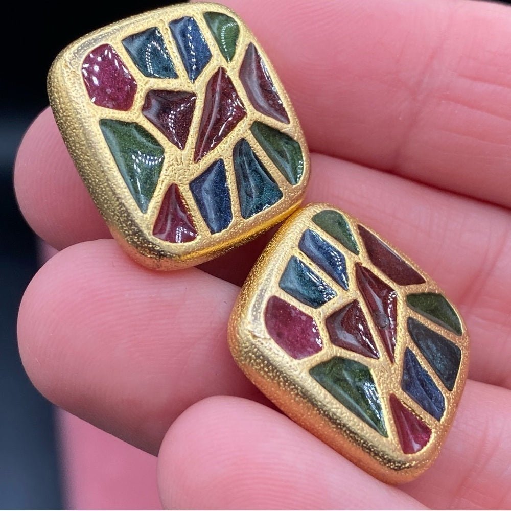 EarringsVintage 1980s Gold Plated Geometric Enamel Earrings Signed Xija