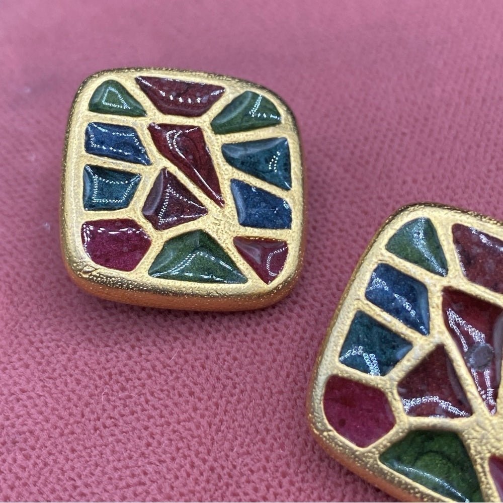 EarringsVintage 1980s Gold Plated Geometric Enamel Earrings Signed Xija