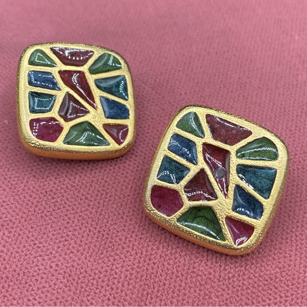 EarringsVintage 1980s Gold Plated Geometric Enamel Earrings Signed Xija