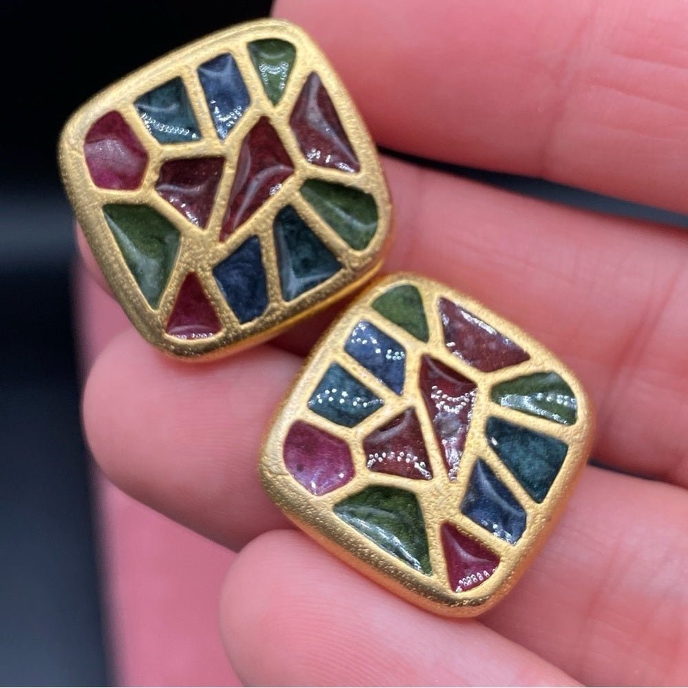 EarringsVintage 1980s Gold Plated Geometric Enamel Earrings Signed Xija