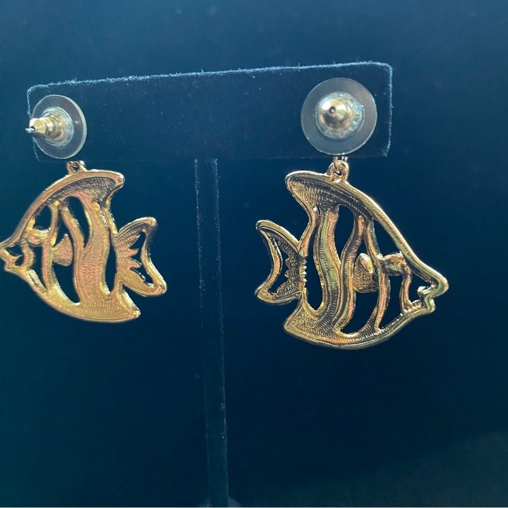 EarringsVintage 1992 Avon "Two Fish" Angel Fish Gold-Tone Dangle Earrings