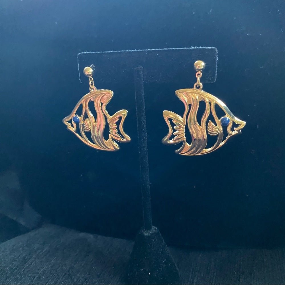 EarringsVintage 1992 Avon "Two Fish" Angel Fish Gold-Tone Dangle Earrings