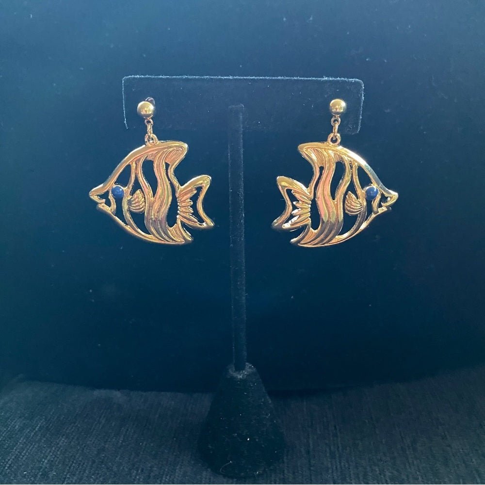 EarringsVintage 1992 Avon "Two Fish" Angel Fish Gold-Tone Dangle Earrings