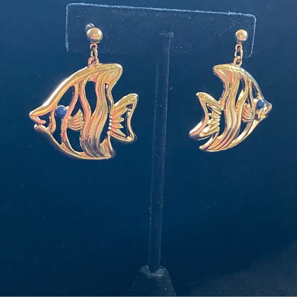 EarringsVintage 1992 Avon "Two Fish" Angel Fish Gold-Tone Dangle Earrings