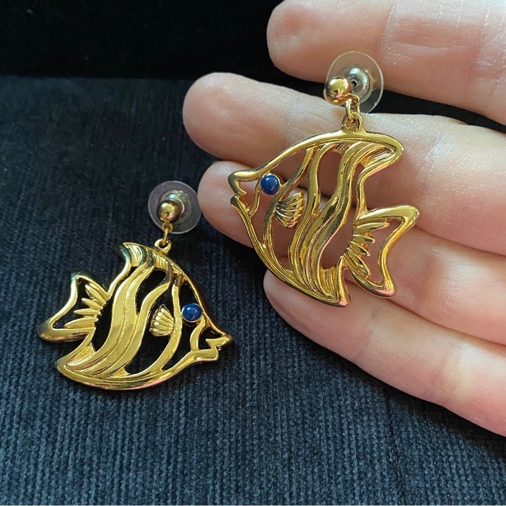 EarringsVintage 1992 Avon "Two Fish" Angel Fish Gold-Tone Dangle Earrings