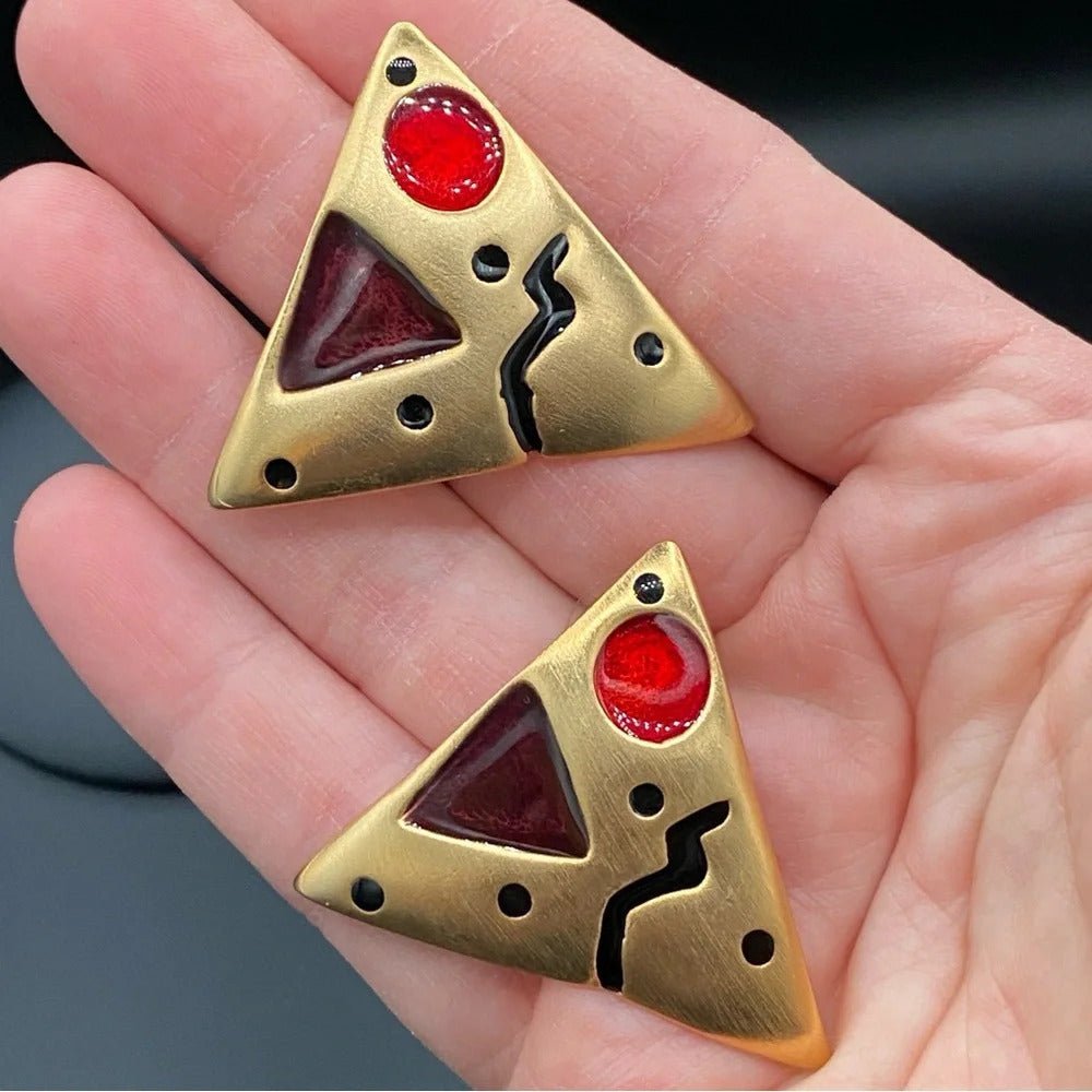 EarringsVintage 80s Abstract Triangle Statement Earrings — Red Enamel & Gold-Tone
