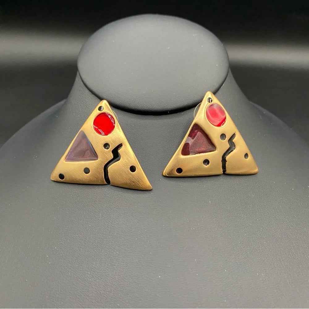 EarringsVintage 80s Abstract Triangle Statement Earrings — Red Enamel & Gold-Tone