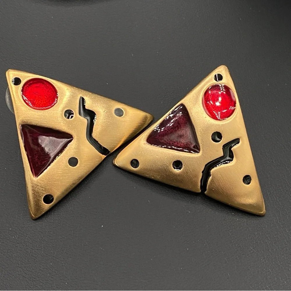 EarringsVintage 80s Abstract Triangle Statement Earrings — Red Enamel & Gold-Tone