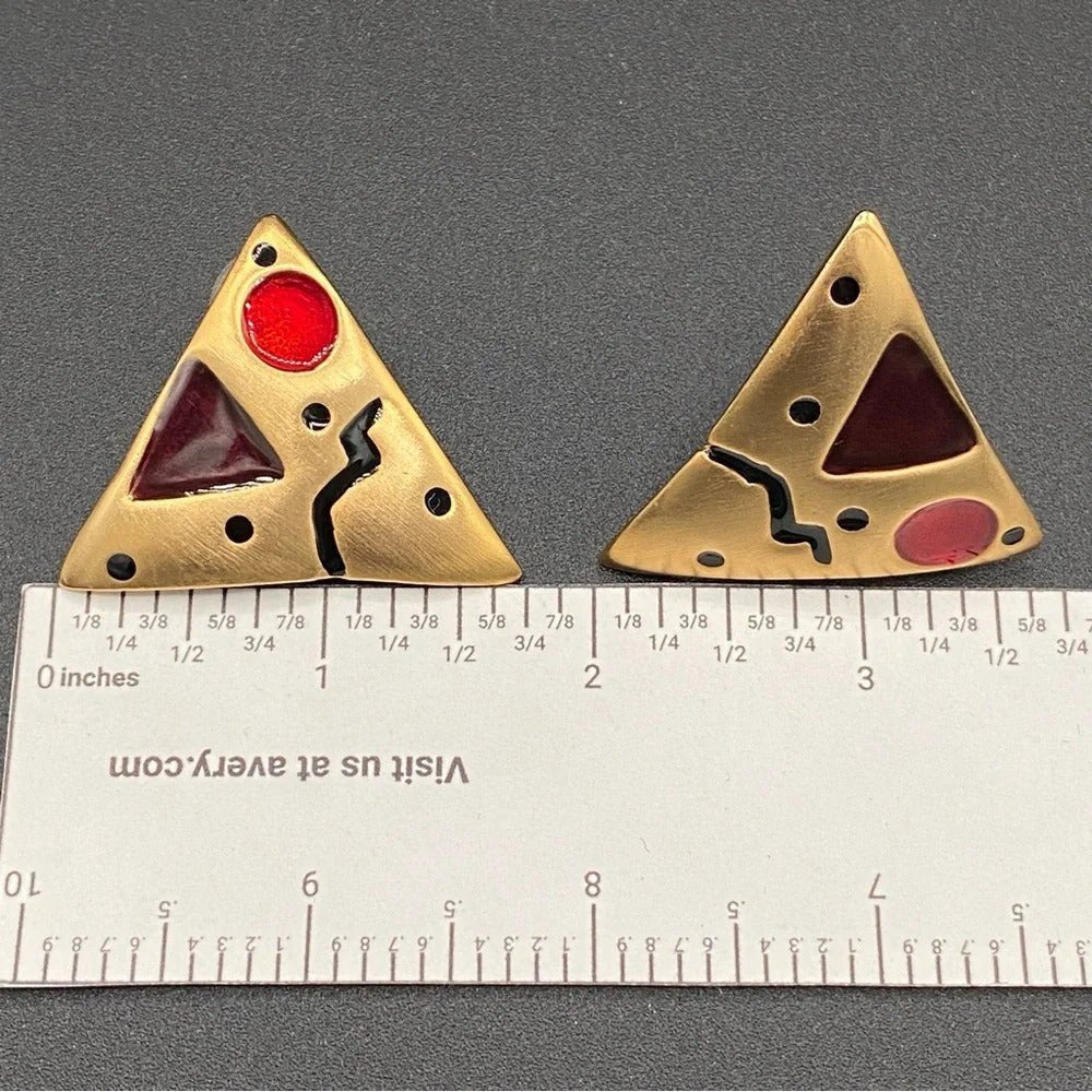 EarringsVintage 80s Abstract Triangle Statement Earrings — Red Enamel & Gold-Tone