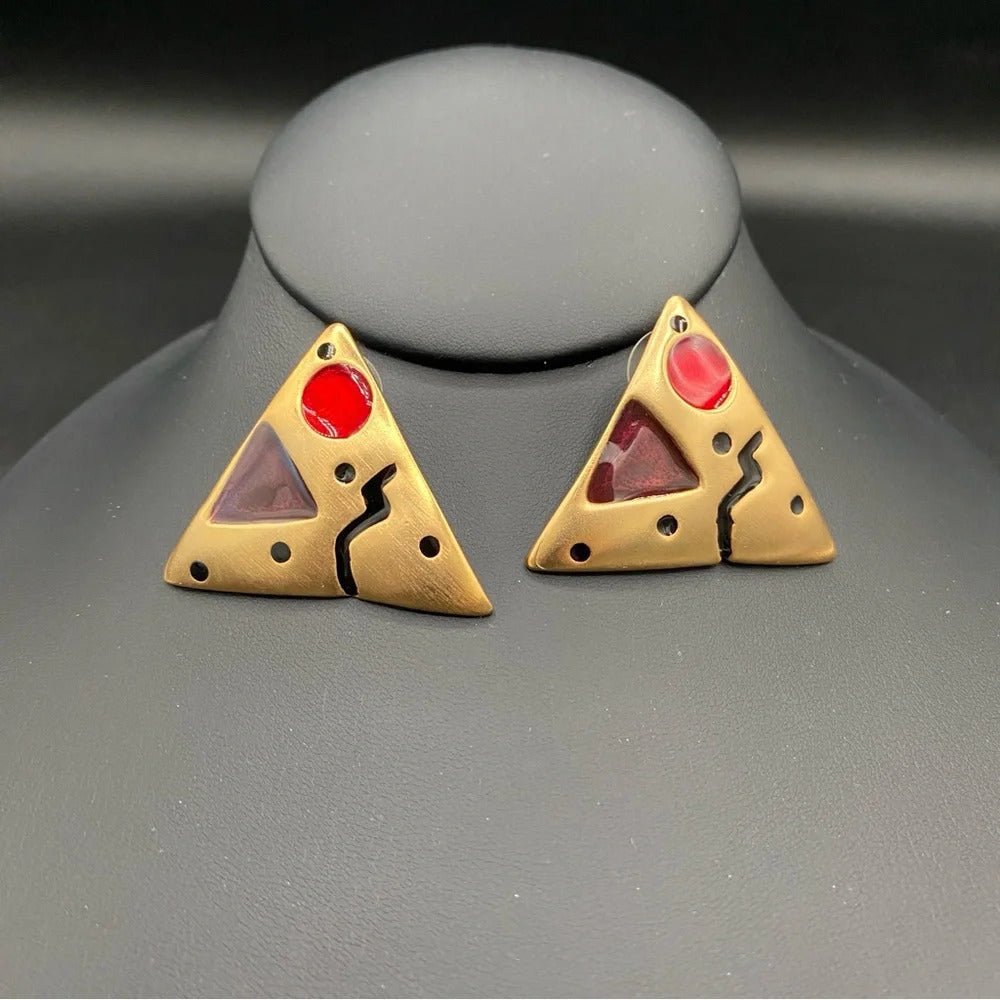 EarringsVintage 80s Abstract Triangle Statement Earrings — Red Enamel & Gold-Tone