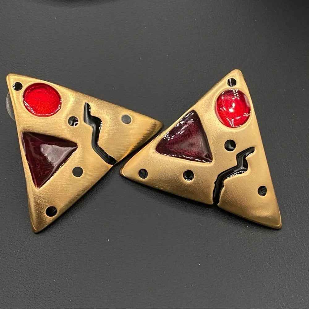 EarringsVintage 80s Abstract Triangle Statement Earrings — Red Enamel & Gold-Tone