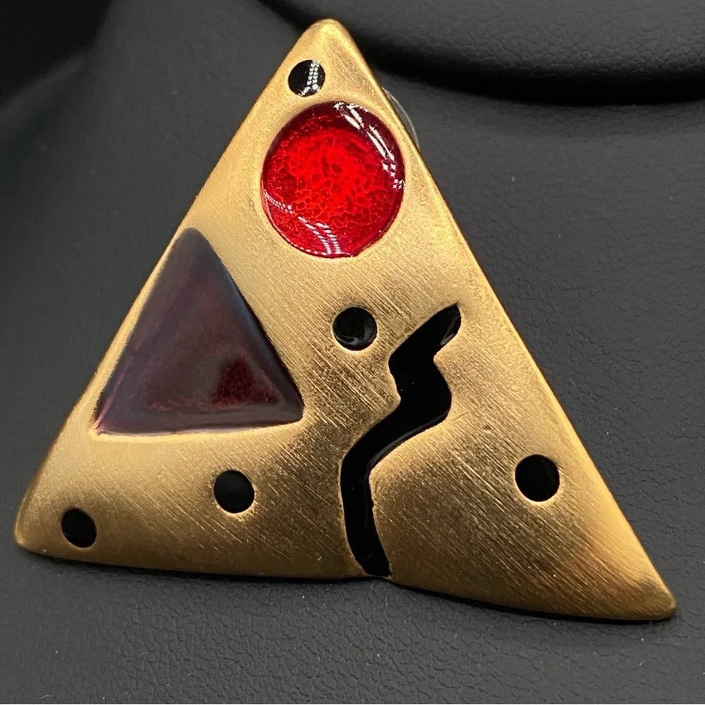 EarringsVintage 80s Abstract Triangle Statement Earrings — Red Enamel & Gold-Tone