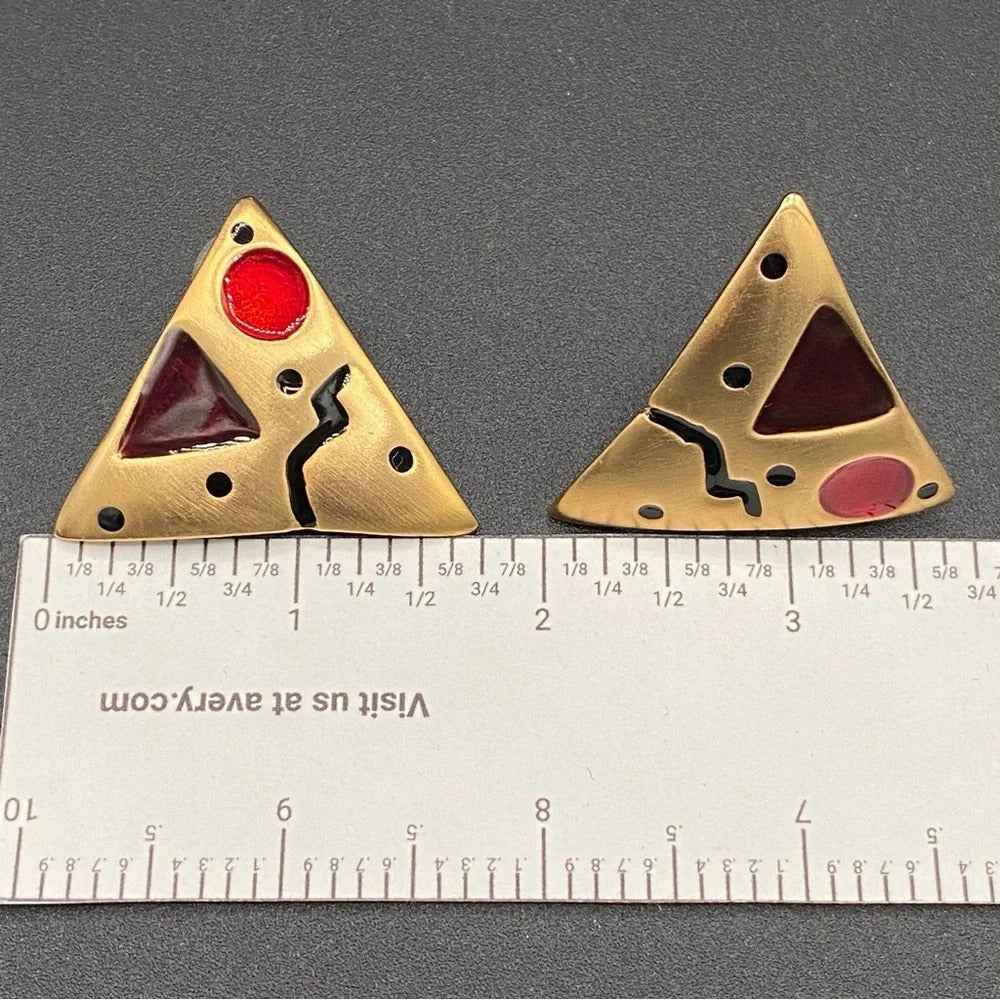 EarringsVintage 80s Abstract Triangle Statement Earrings — Red Enamel & Gold-Tone