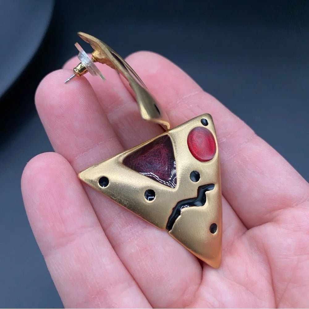 EarringsVintage 80s Abstract Triangle Statement Earrings — Red Enamel & Gold-Tone