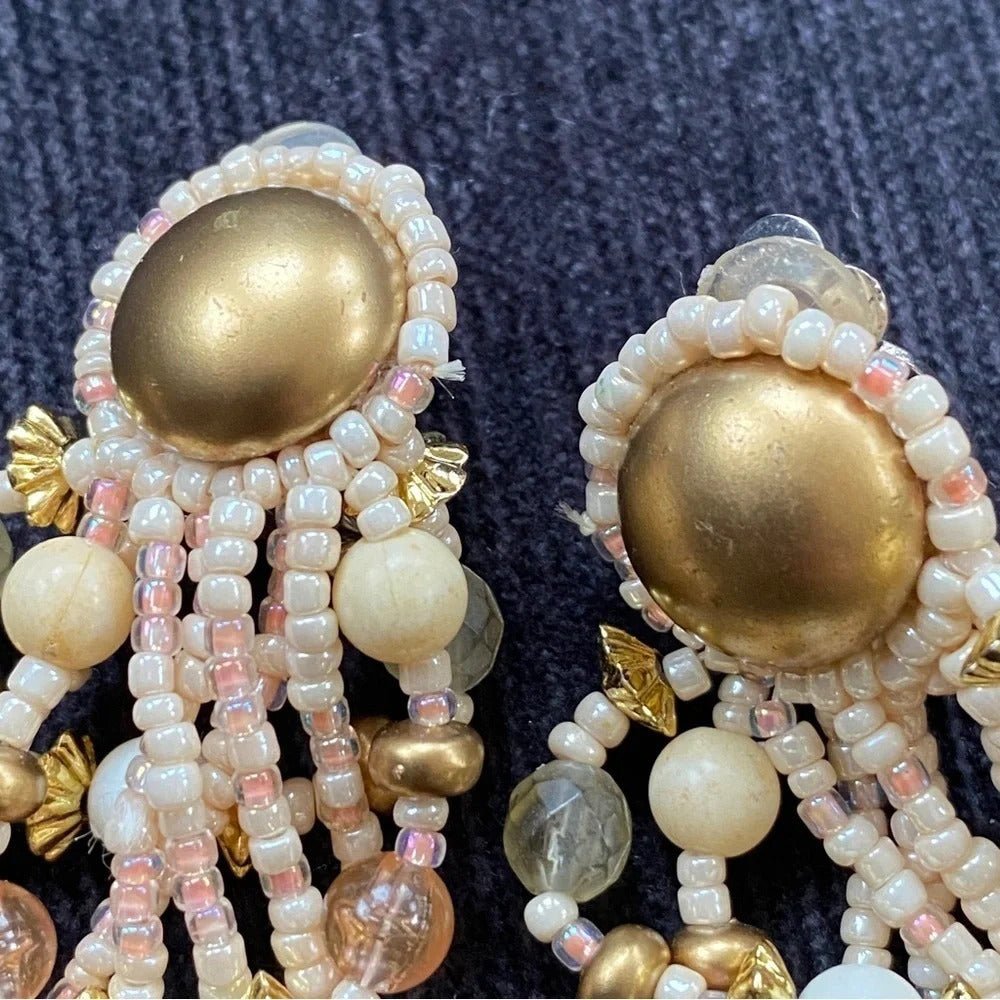EarringsVintage 80s Claire's Pinkish Seed Bead Dangle Clip-On Earrings - Old Deadstock